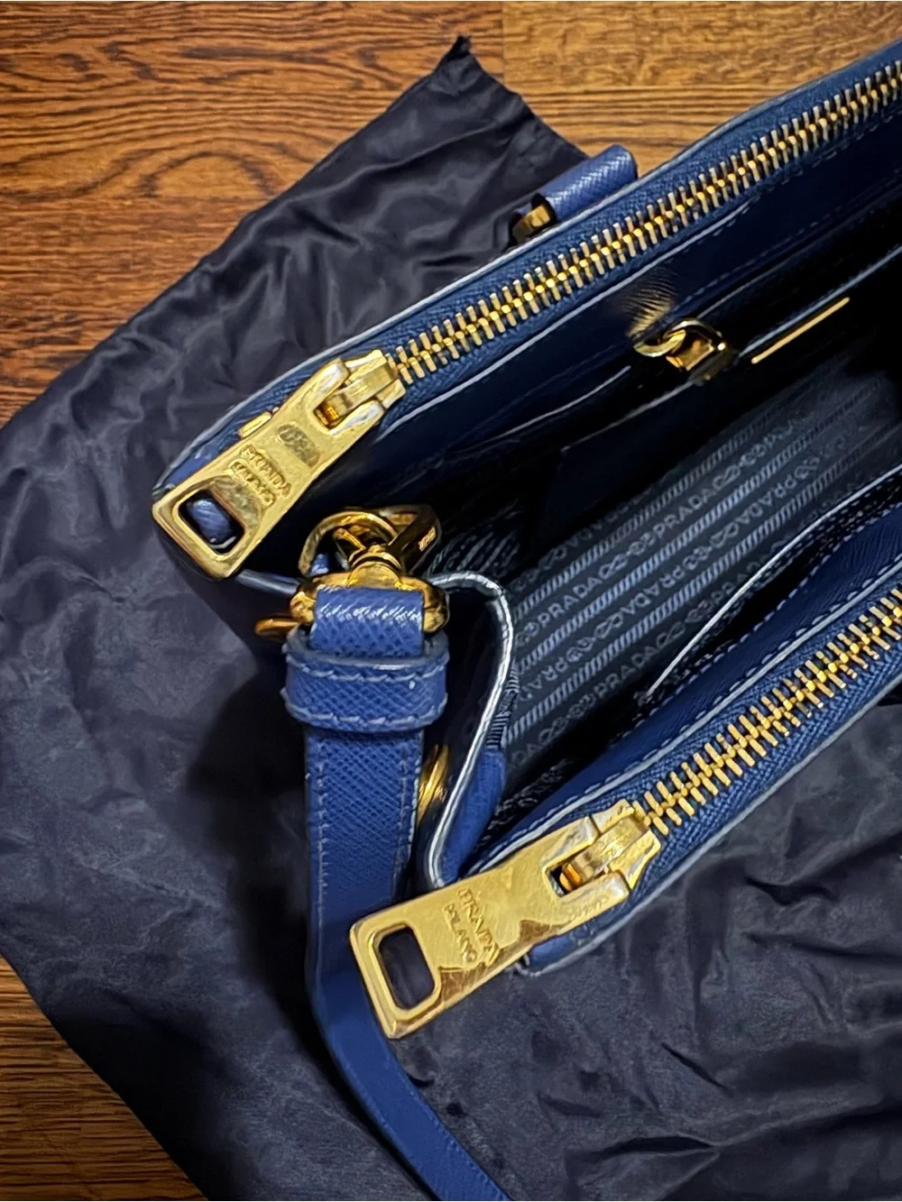 Prada Navy Saffiano Leather Satchel with Gold Hardware